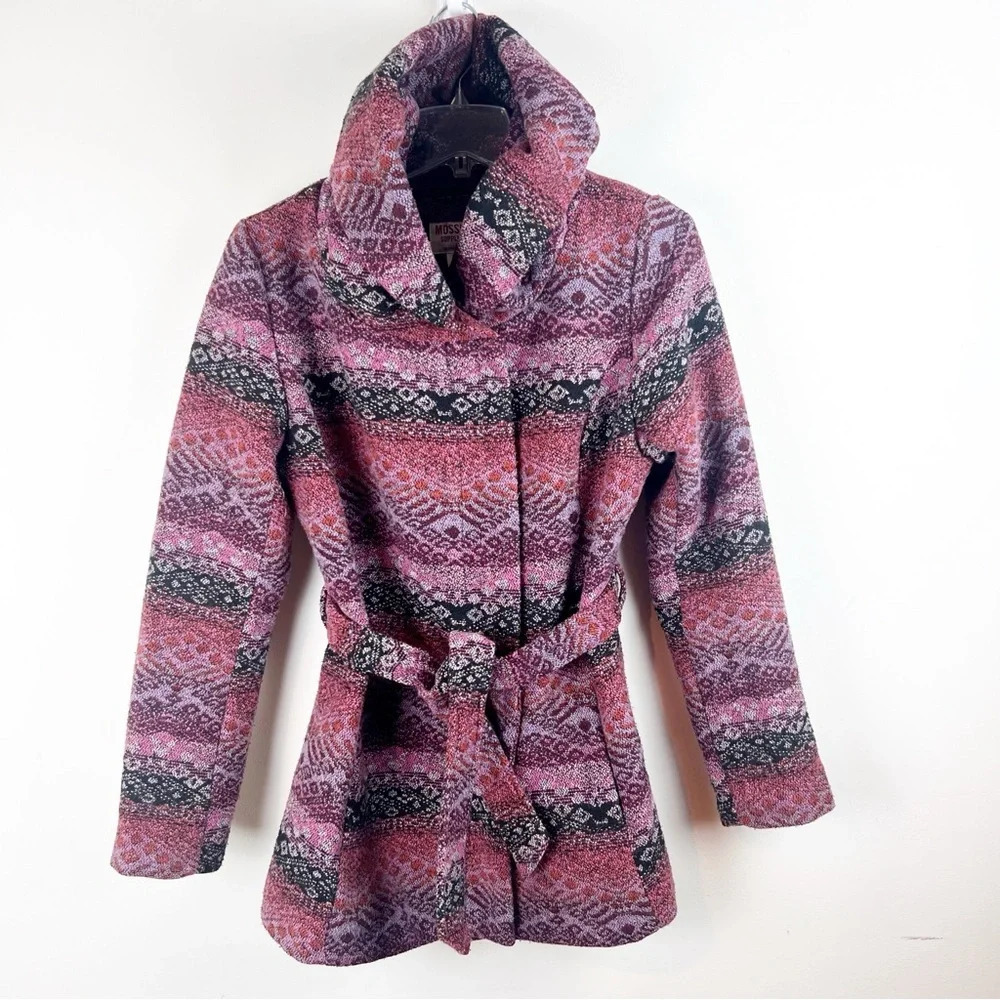 Y2K Mossimo Tapestry Winter Coat Belt Hood Purple Pockets Fair Isle Medium